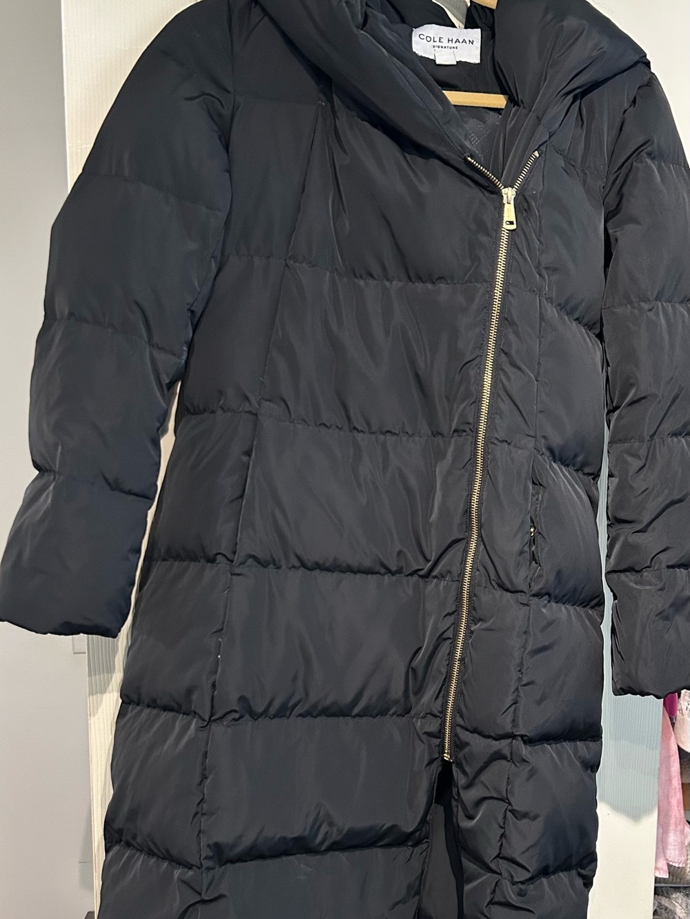 Cole Haan Black Quilted Long Puffer with Asymmetric Gold Zipper